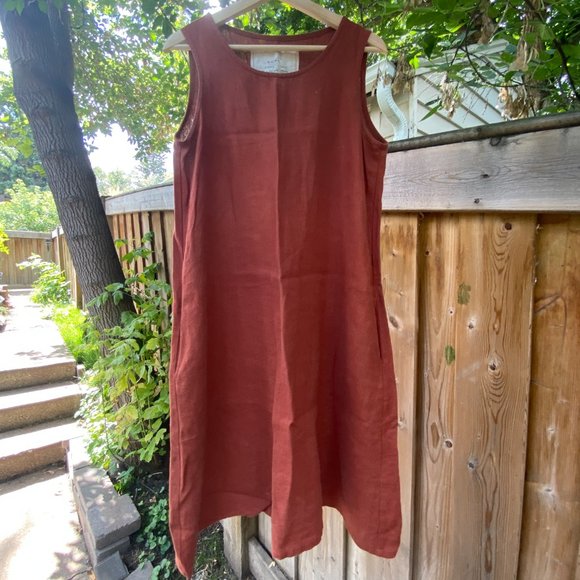 notPERFECTLINEN Dresses & Skirts - notPERFECTLINEN Rust red midi linen pocket tank dress - size small/medium